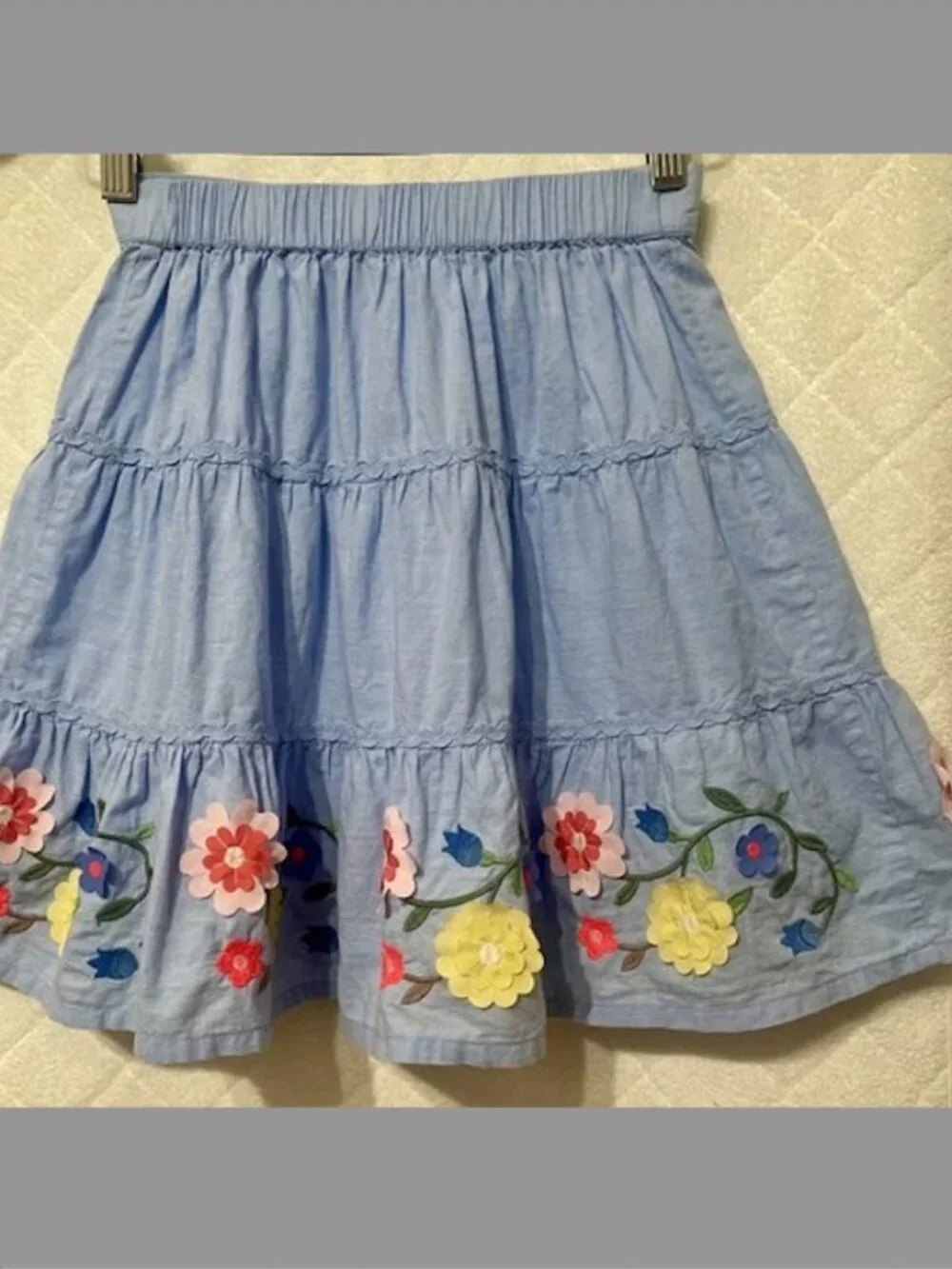 Mini Boden Floral Embroidered Hem Midi Skirt Blue SZ 8-9Y
